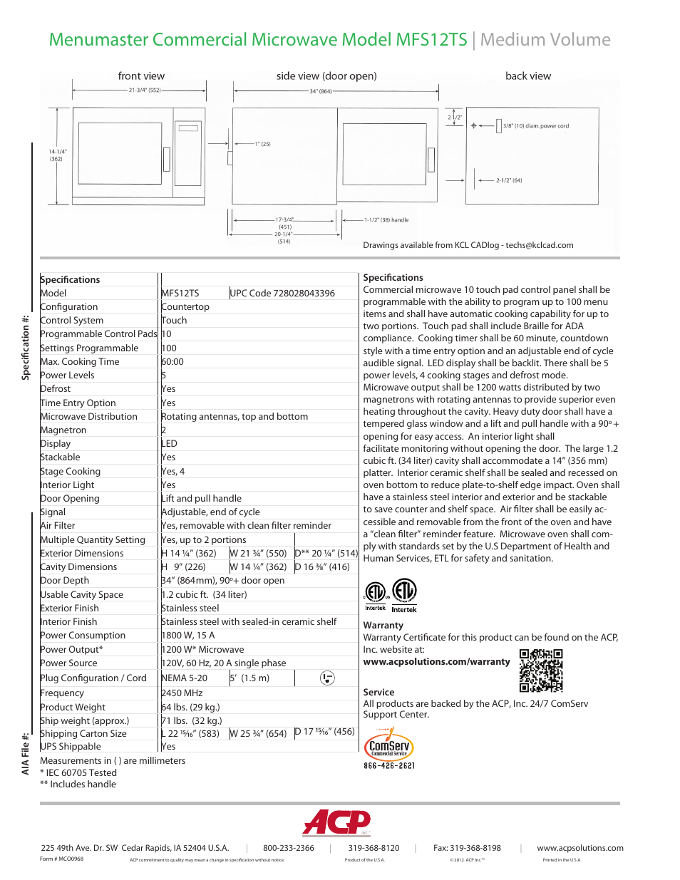 ACP MFS12TS Spec Sheet User Manual | Page 2 / 2