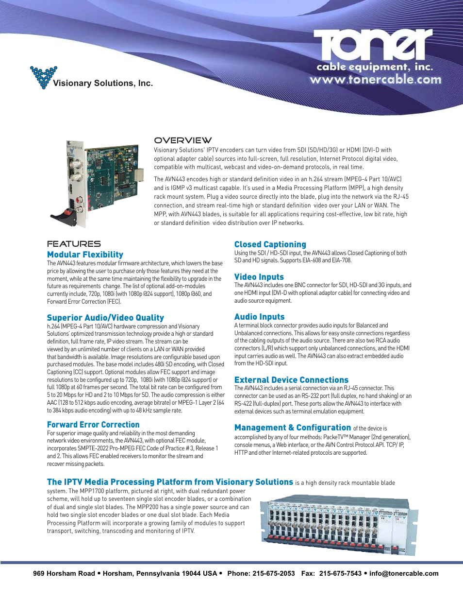Toner Cable AVN443 HD-SDI Input H.264 HD IPTV Encoder User Manual | 2 pages