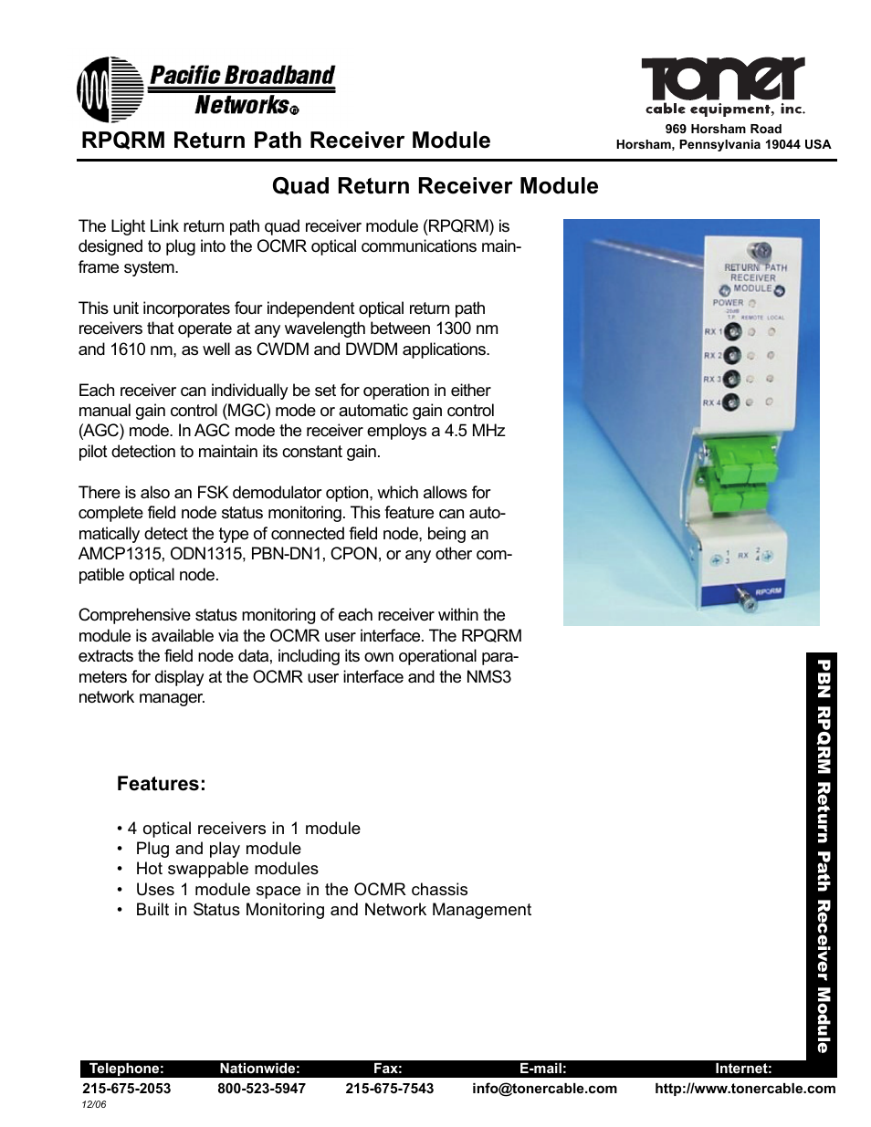 Toner Cable RPQRM Return Path Fiber Optic Receiver Module User Manual | 2 pages