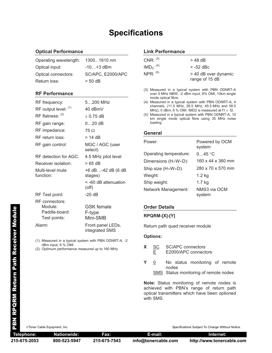 Specifications | Toner Cable RPQRM Return Path Fiber Optic Receiver Module User Manual | Page 2 / 2
