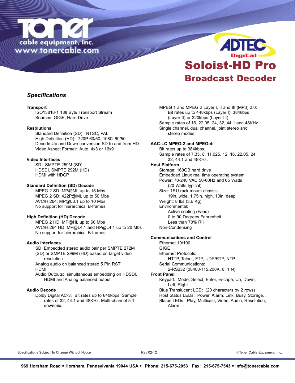 Soloist-hd pro, Broadcast decoder, Specifications | Toner Cable Soloist-HD Pro Broadcast Decoder User Manual | Page 2 / 2