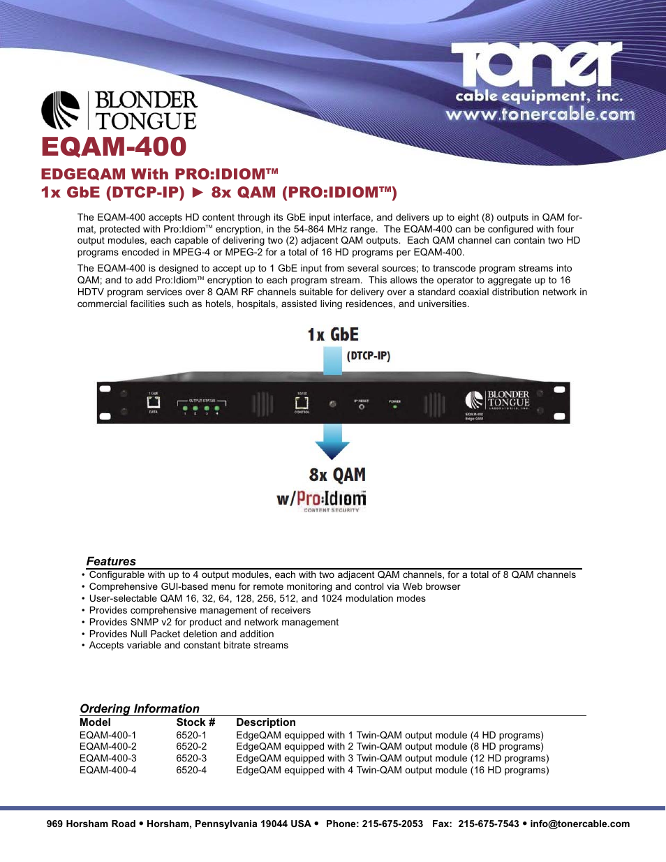 Toner Cable EQAM-400 EDGEQAM with Pro:Idiom User Manual | 2 pages