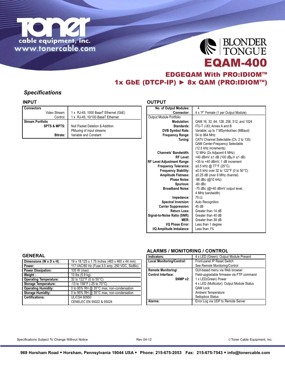 Eqam-400, Edgeqam with pro:idiom, 1x gbe (dtcp-ip) ► 8x qam (pro:idiom | Specifications | Toner Cable EQAM-400 EDGEQAM with Pro:Idiom User Manual | Page 2 / 2