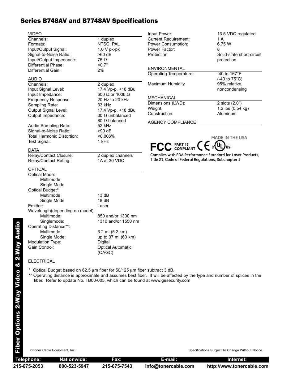 Fiber options 2-w ay v ideo & 2-w ay a udio | Toner Cable B748AV Two-Way Video & Two-Way 2-Ch Audio, Multimode User Manual | Page 2 / 2
