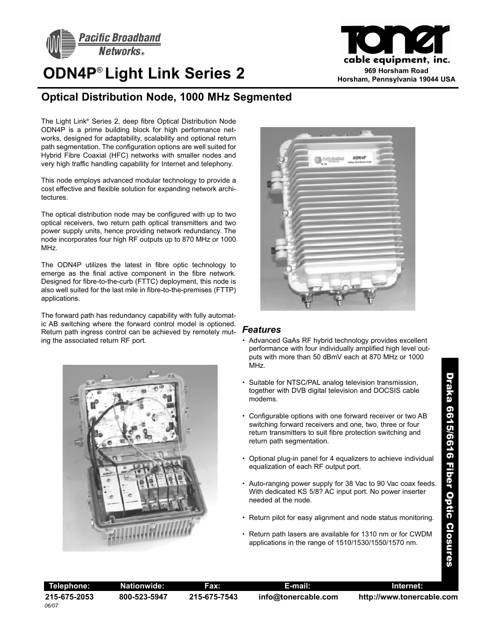 Toner Cable ODN4P Light Link Series 2 Fiber Optic Node User Manual | 2 pages