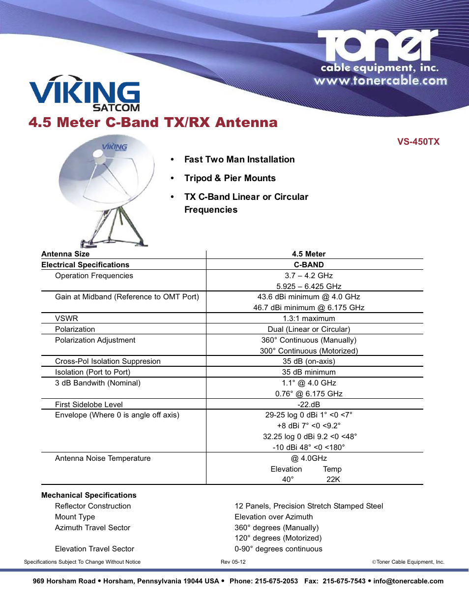 Toner Cable VS-450TX 4.5 Meter C-Band TX-RX Antenna User Manual | 1 page