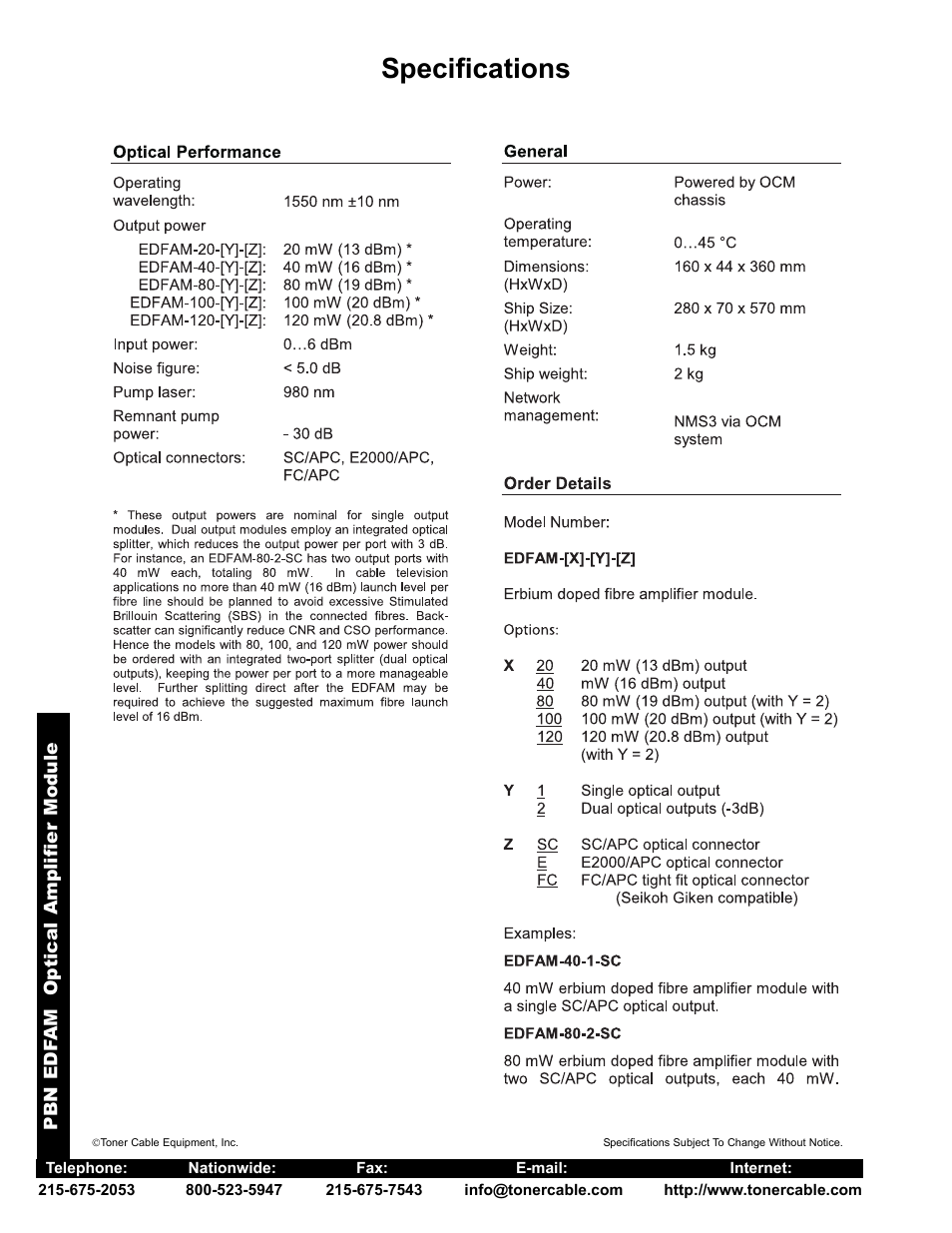 Specifications | Toner Cable EDFA Fiber Optic Amplifiers Module User Manual | Page 2 / 2