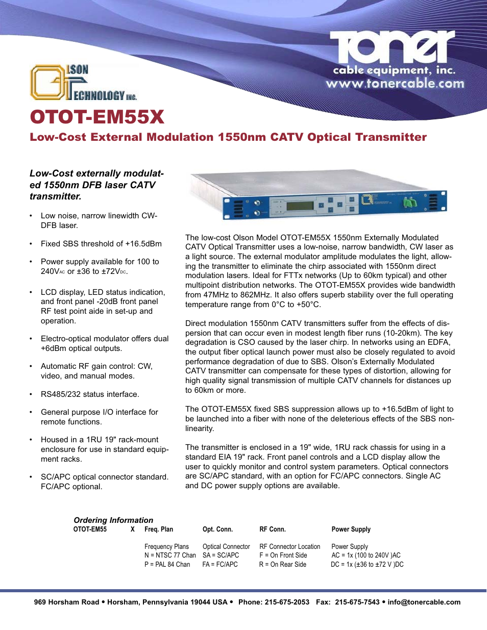 Toner Cable OTOT-EM55X Low-Cost External Modulation 1550nm CATV Optical Transmitter User Manual | 2 pages