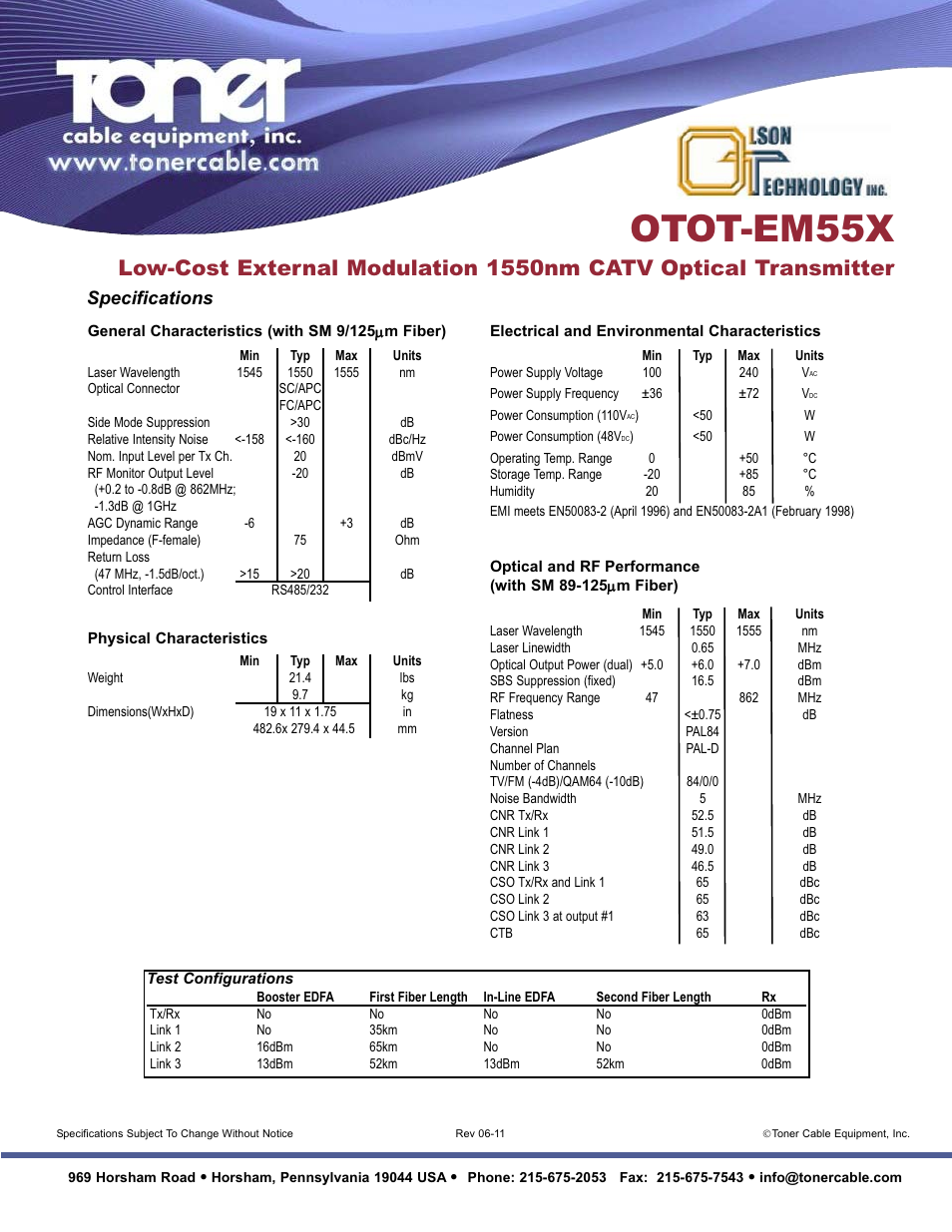 Otot-em55x, Specifications | Toner Cable OTOT-EM55X Low-Cost External Modulation 1550nm CATV Optical Transmitter User Manual | Page 2 / 2
