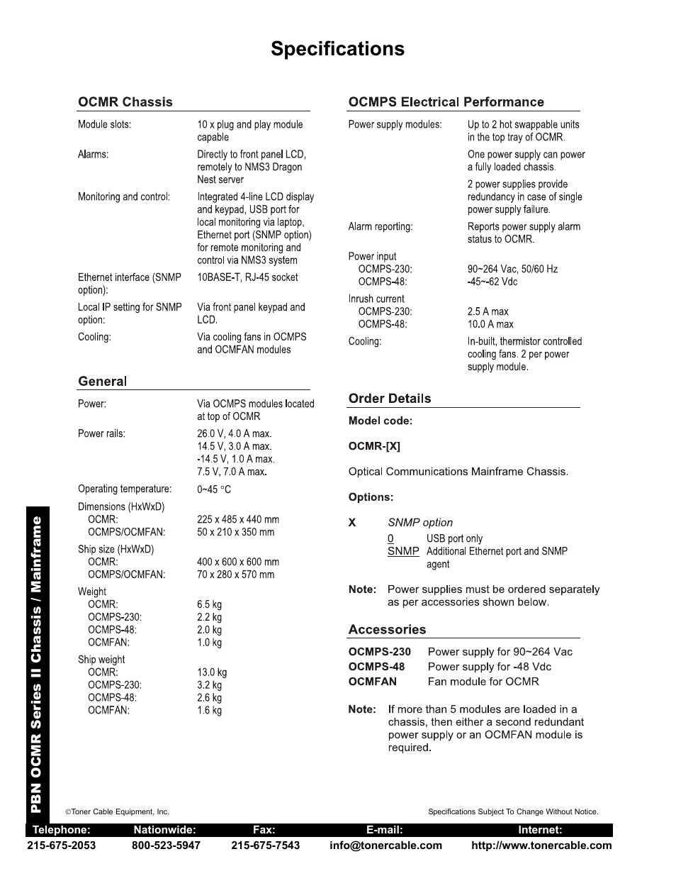 Specifications | Toner Cable OCMR Series II Chassis - Mainframe User Manual | Page 2 / 2