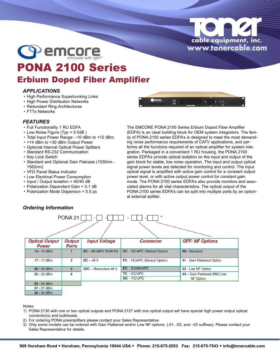 Toner Cable PONA 2100 Series Erbium Doped Fiber Amplifier User Manual | 2 pages