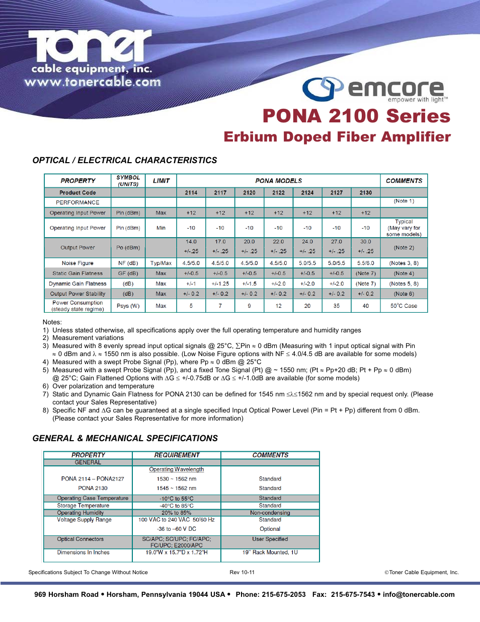 Pona 2100 series, Erbium doped fiber amplifier | Toner Cable PONA 2100 Series Erbium Doped Fiber Amplifier User Manual | Page 2 / 2