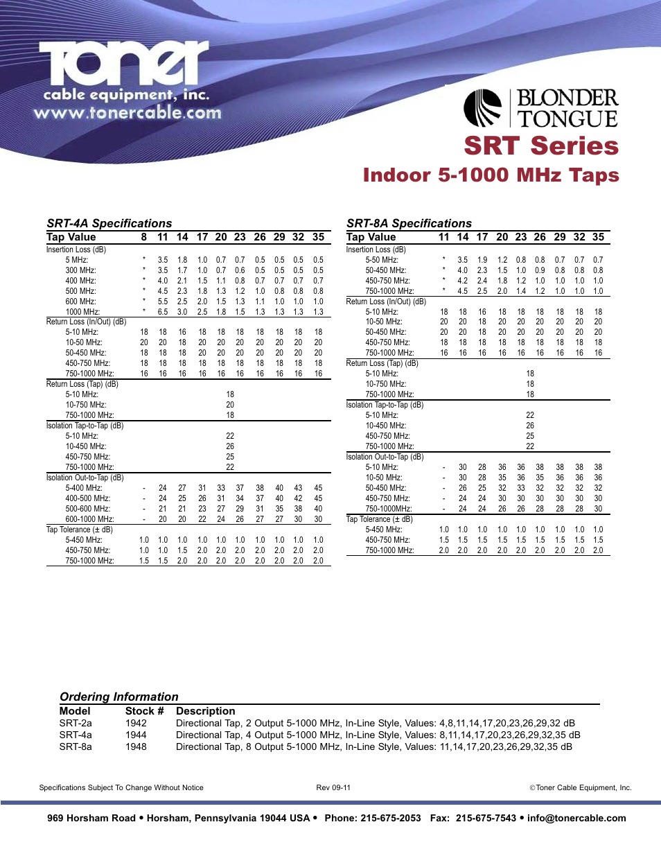 Srt series, Srt-4a specifications, Srt-8a specifications | Ordering information | Toner Cable SRT Series In-Line Style Directional Tap User Manual | Page 2 / 2