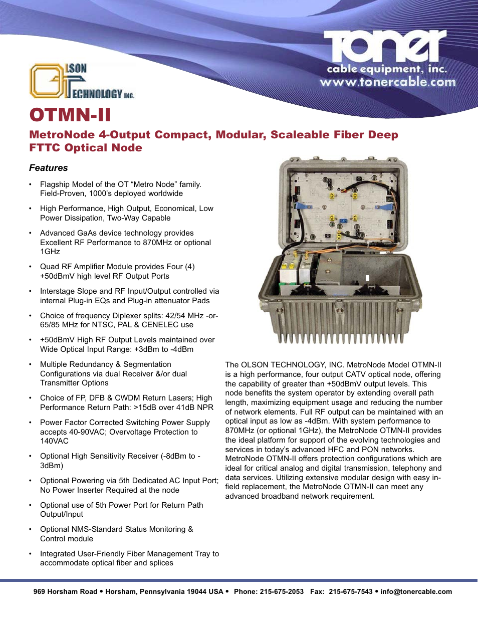 Toner Cable OTMN-II Metronode 4-Output FTTC Optical Node User Manual | 2 pages