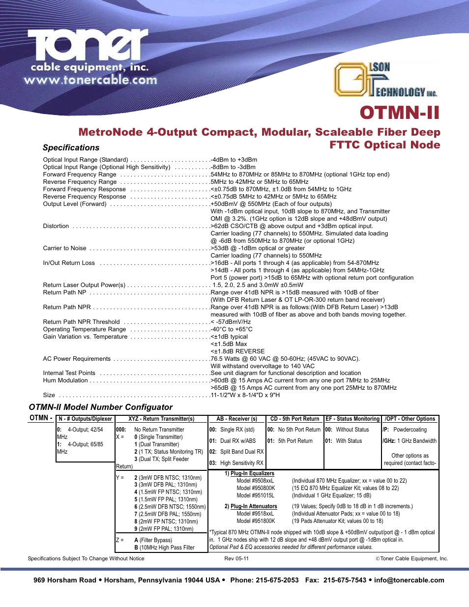 Otmn-ii, Specifications, Otmn-ii model number configuator | Toner Cable OTMN-II Metronode 4-Output FTTC Optical Node User Manual | Page 2 / 2