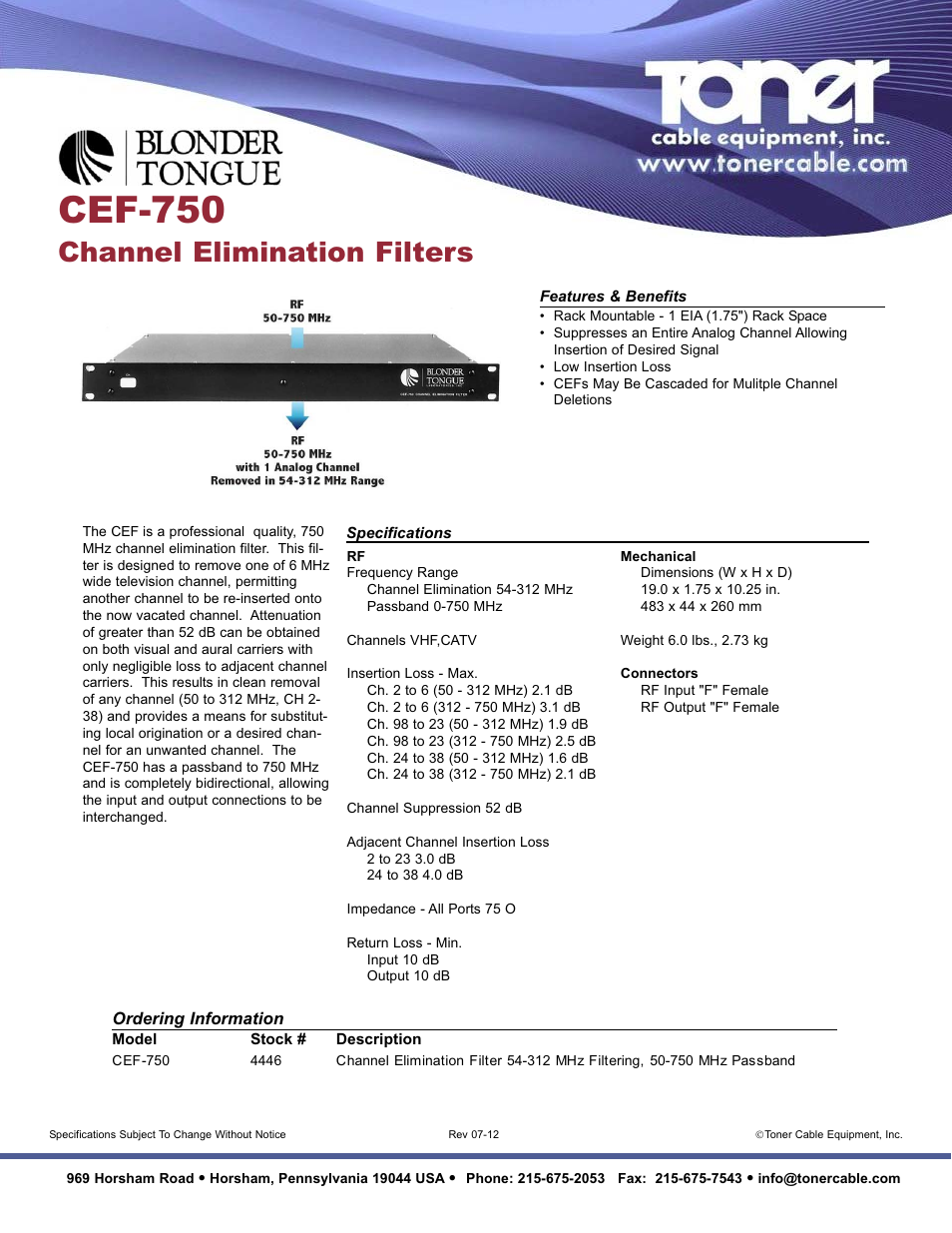 Toner Cable CEF-750 Channel Elimination Filter User Manual | 1 page