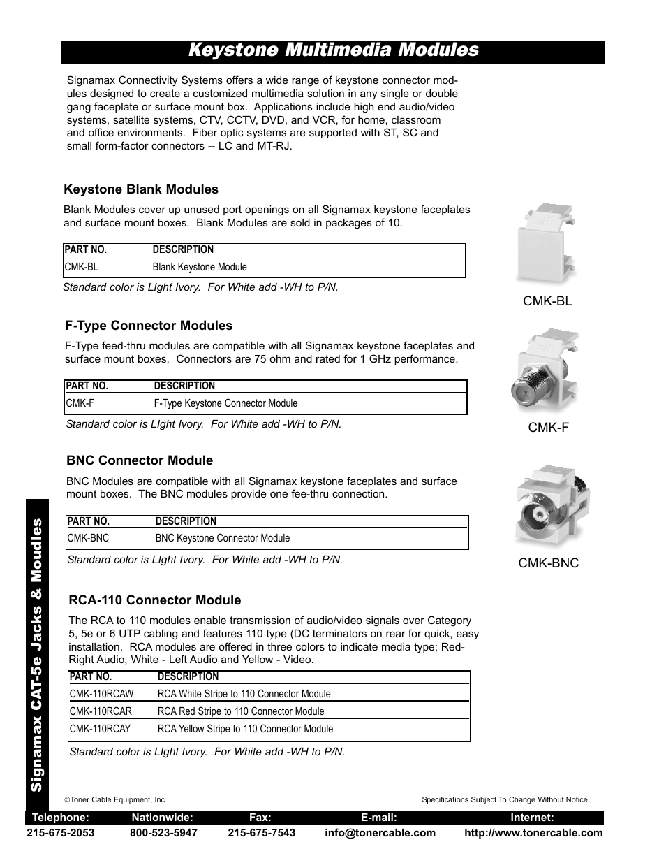 Keystone multimedia modules, Signamax ca t-5e j ac ks & moudles | Toner Cable Category 5e+ Feed-Thru Coupler User Manual | Page 2 / 2