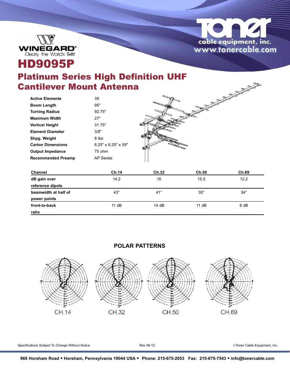 Toner Cable HD9095P Platinum Series High Definition UHF Cantilever Mount Antenna User Manual | 1 page