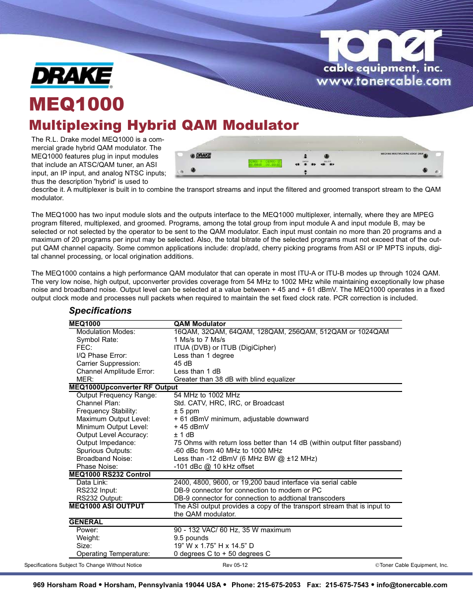 Toner Cable MEQ1000 Multiplexing Hybrid QAM Modulator User Manual | 1 page