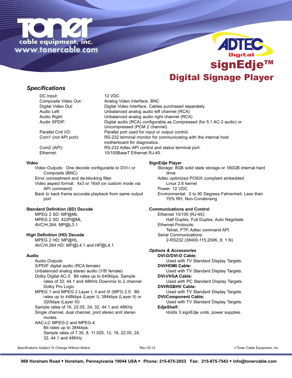 Signedje, Digital signage player, Specifications | Toner Cable Adtec signedje Digital Signage Player User Manual | Page 2 / 2