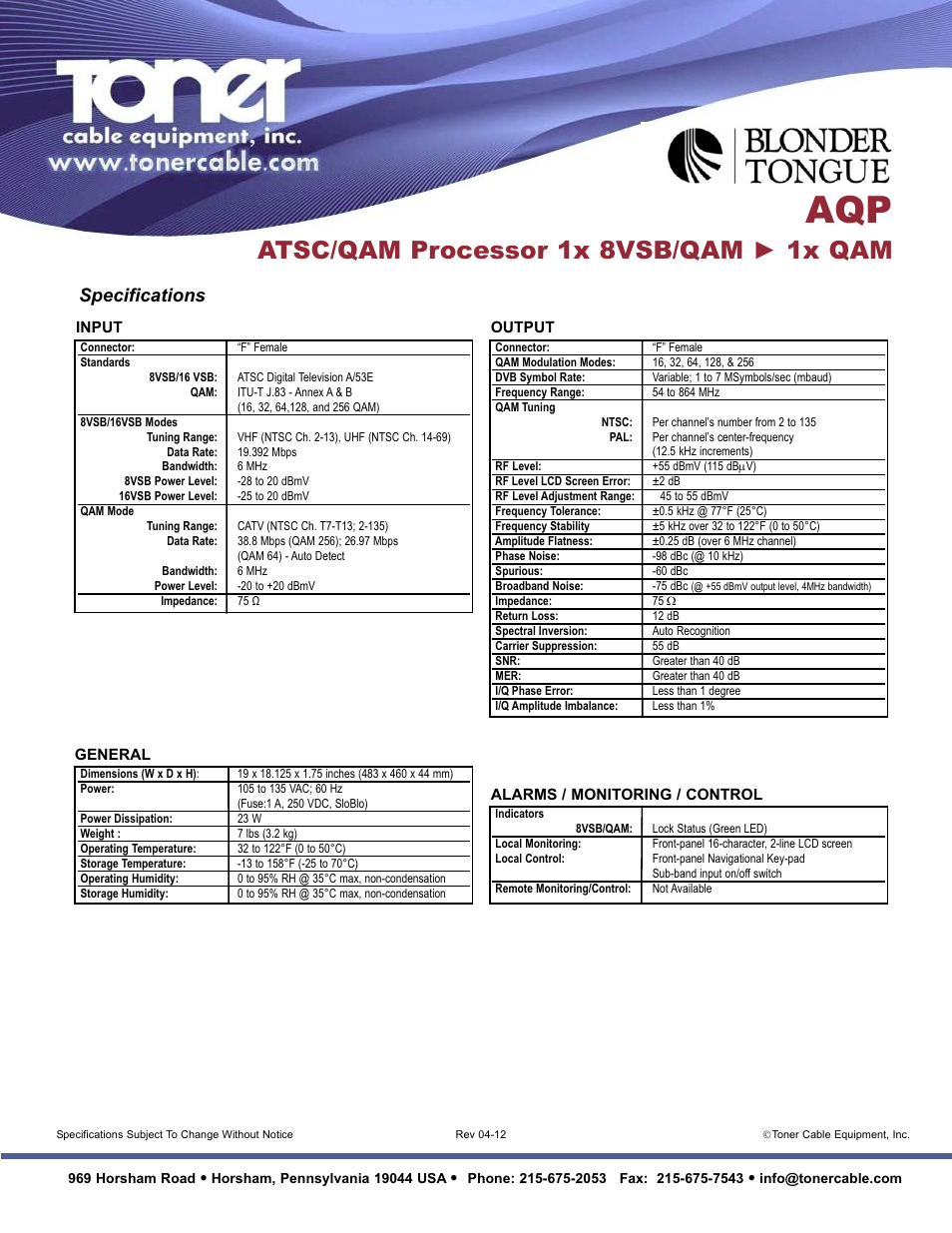 Atsc/qam processor 1x 8vsb/qam ► 1x qam, Specifications | Toner Cable AQP ATSC _ QAM Processor User Manual | Page 2 / 2