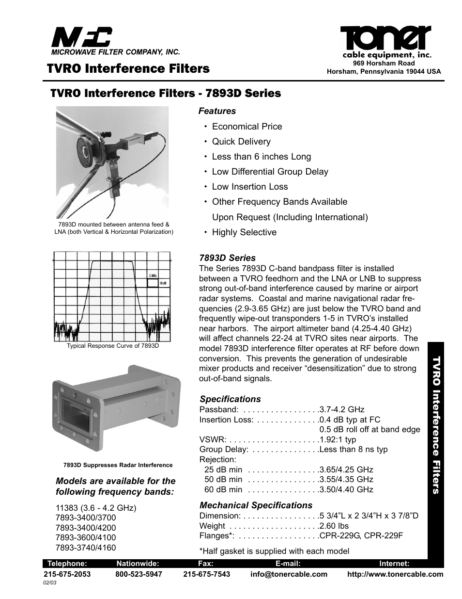 Toner Cable 7893D Series TVRO Interference Filter User Manual | 2 pages