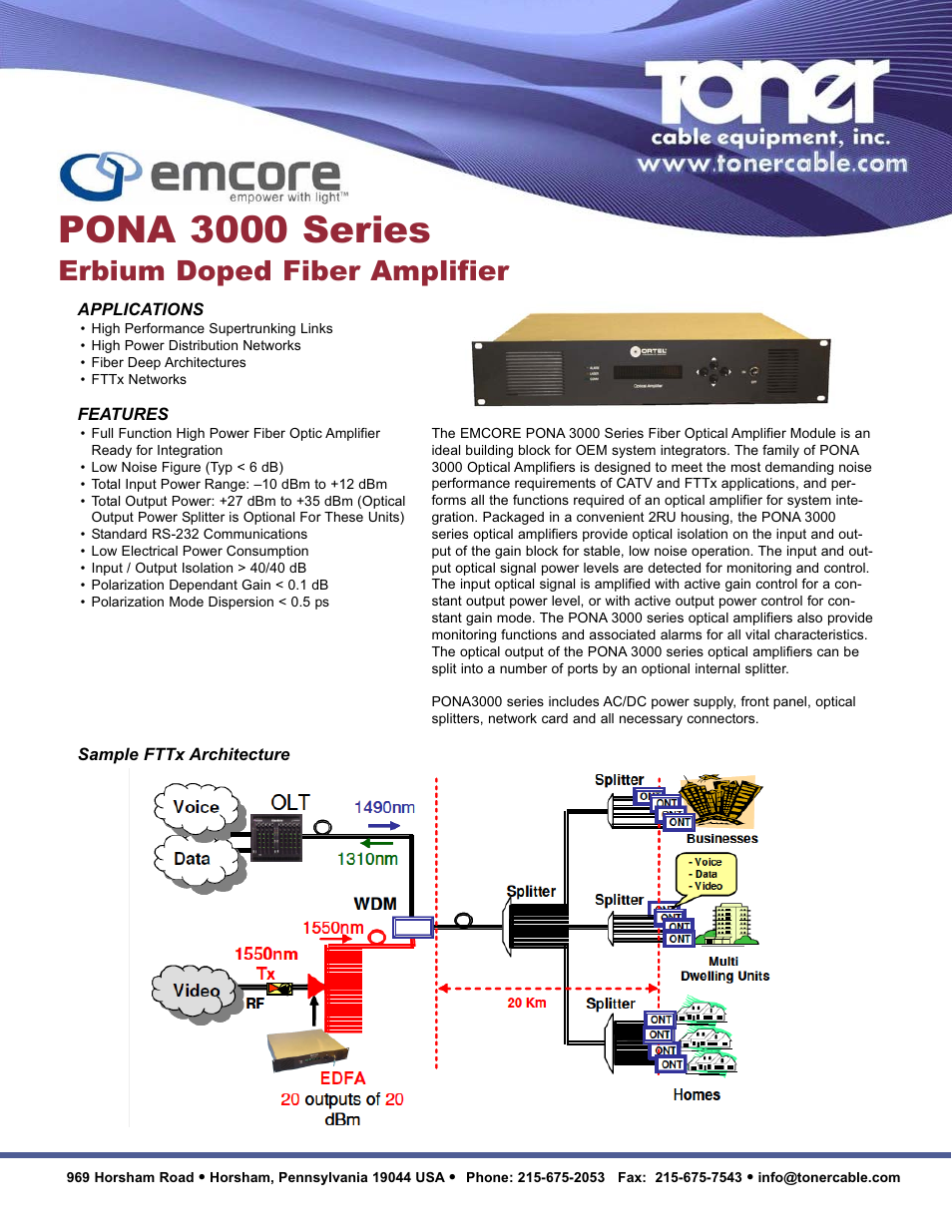 Toner Cable PONA 3000 Series Erbium Doped Fiber Amplifier User Manual | 2 pages