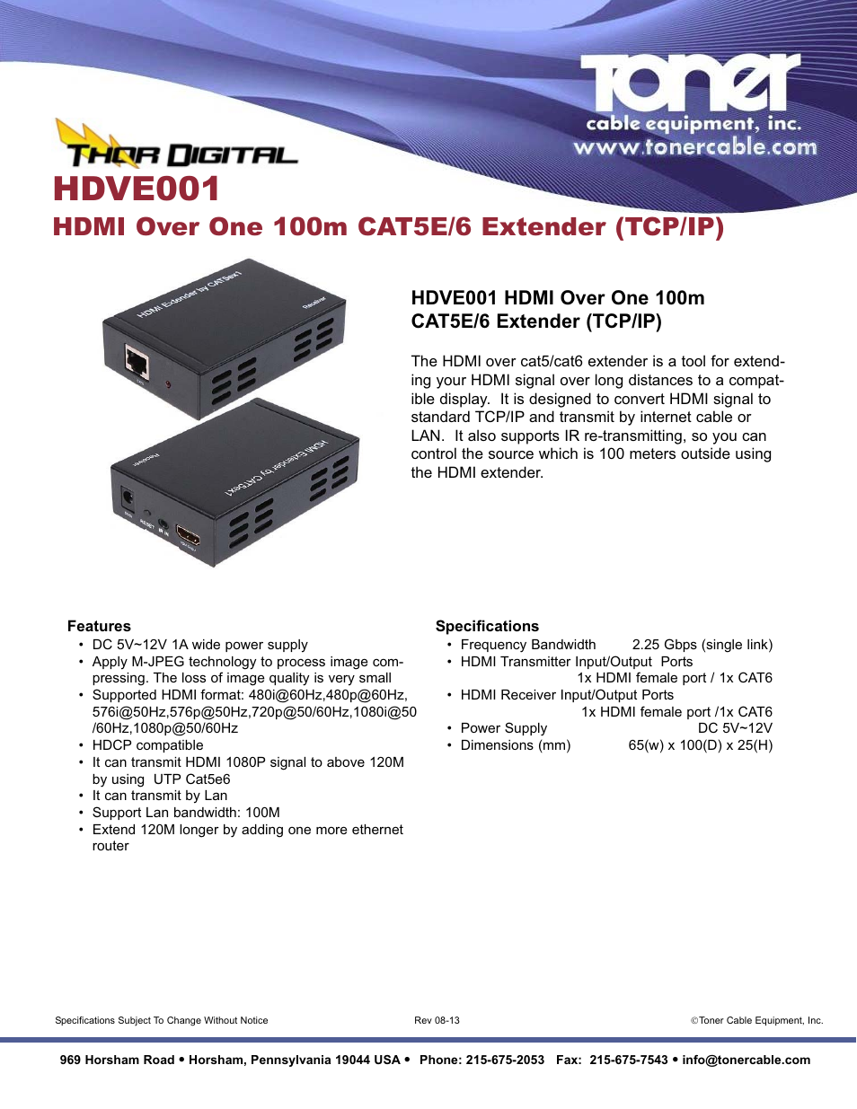Toner Cable HDVE001 HDMI Over One 100m CAT5E_6 Extender (TCP_IP) User Manual | 1 page