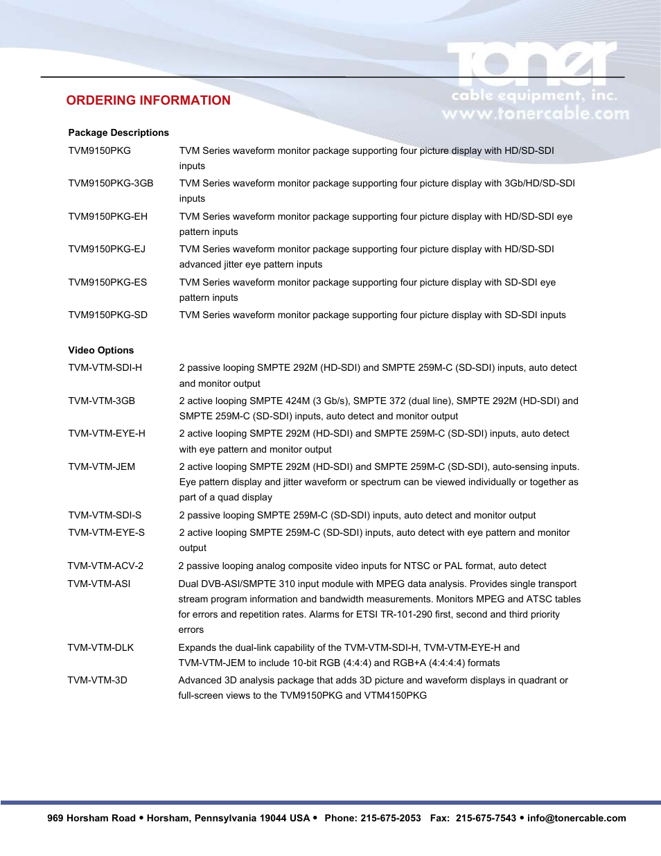 Ordering information | Toner Cable TVM9150PKG Multiformat 3G-HD-SD Video Waveform Monitor and Audio Signal Analyzer User Manual | Page 13 / 14