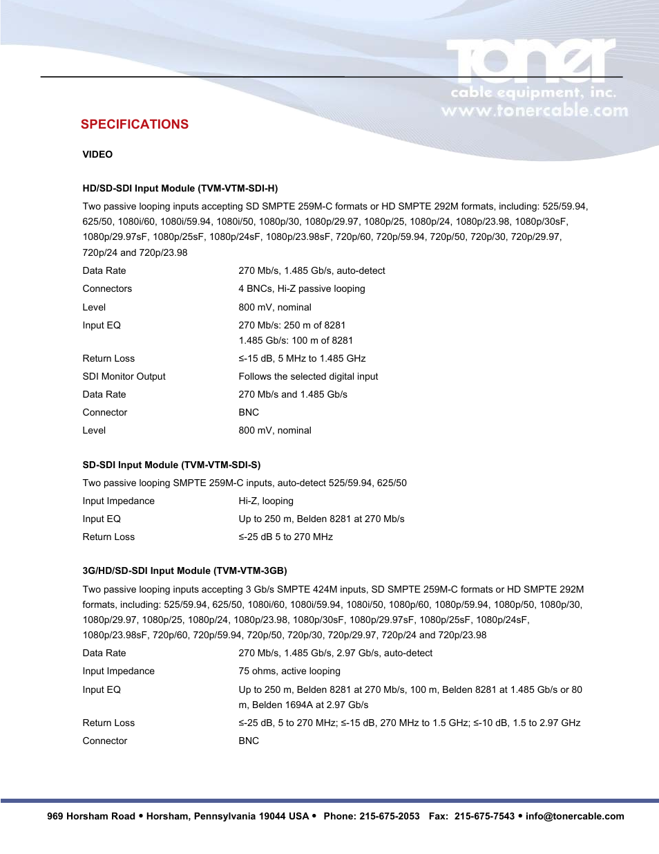 Specifications | Toner Cable TVM9150PKG Multiformat 3G-HD-SD Video Waveform Monitor and Audio Signal Analyzer User Manual | Page 7 / 14