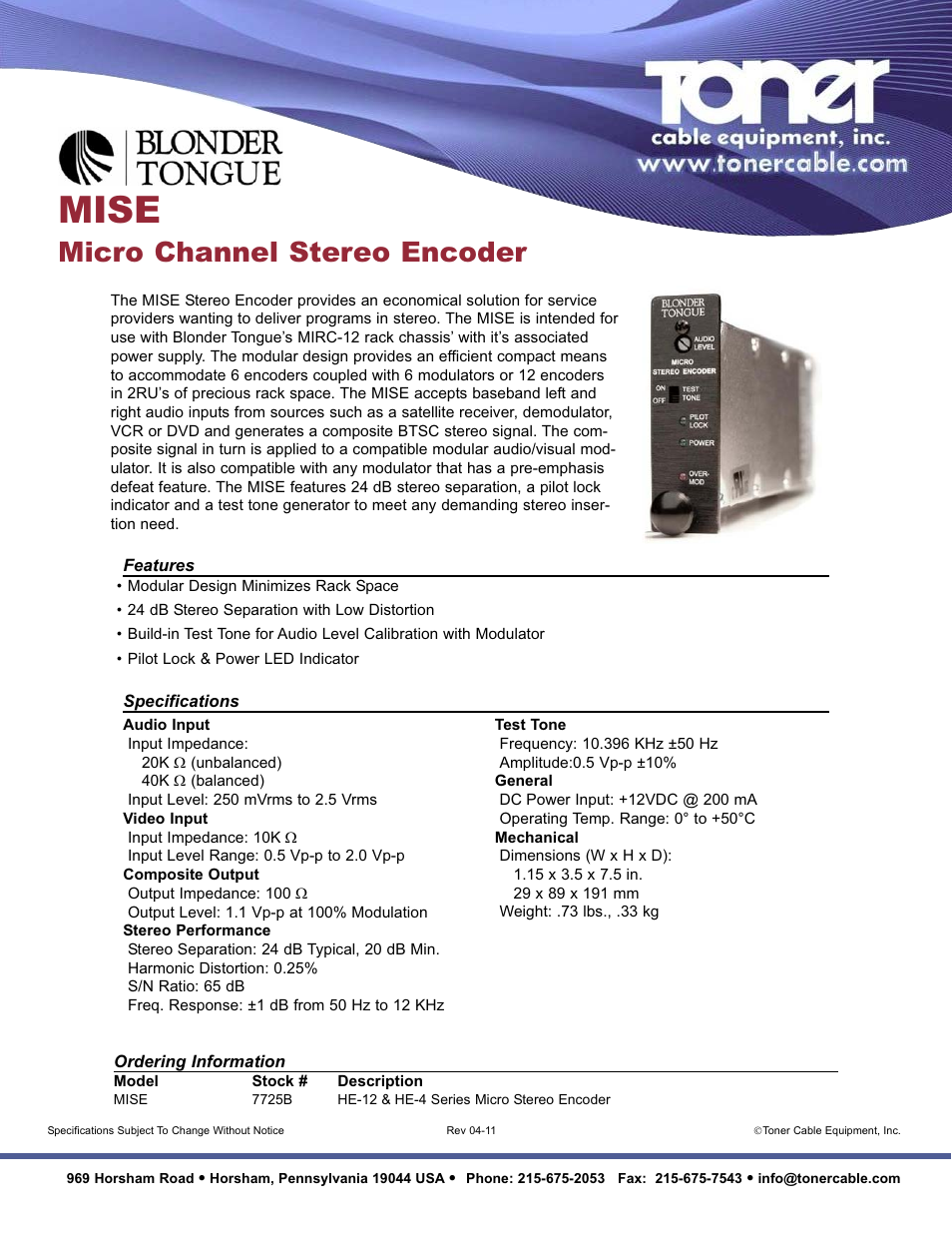 Toner Cable MISE 7725B Stereo Encoder User Manual | 1 page
