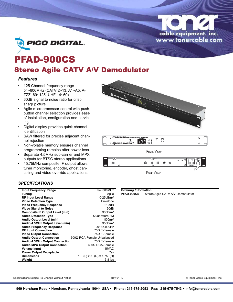 Toner Cable PFAD900CS 806 MHz Agile Demodulator User Manual | 1 page