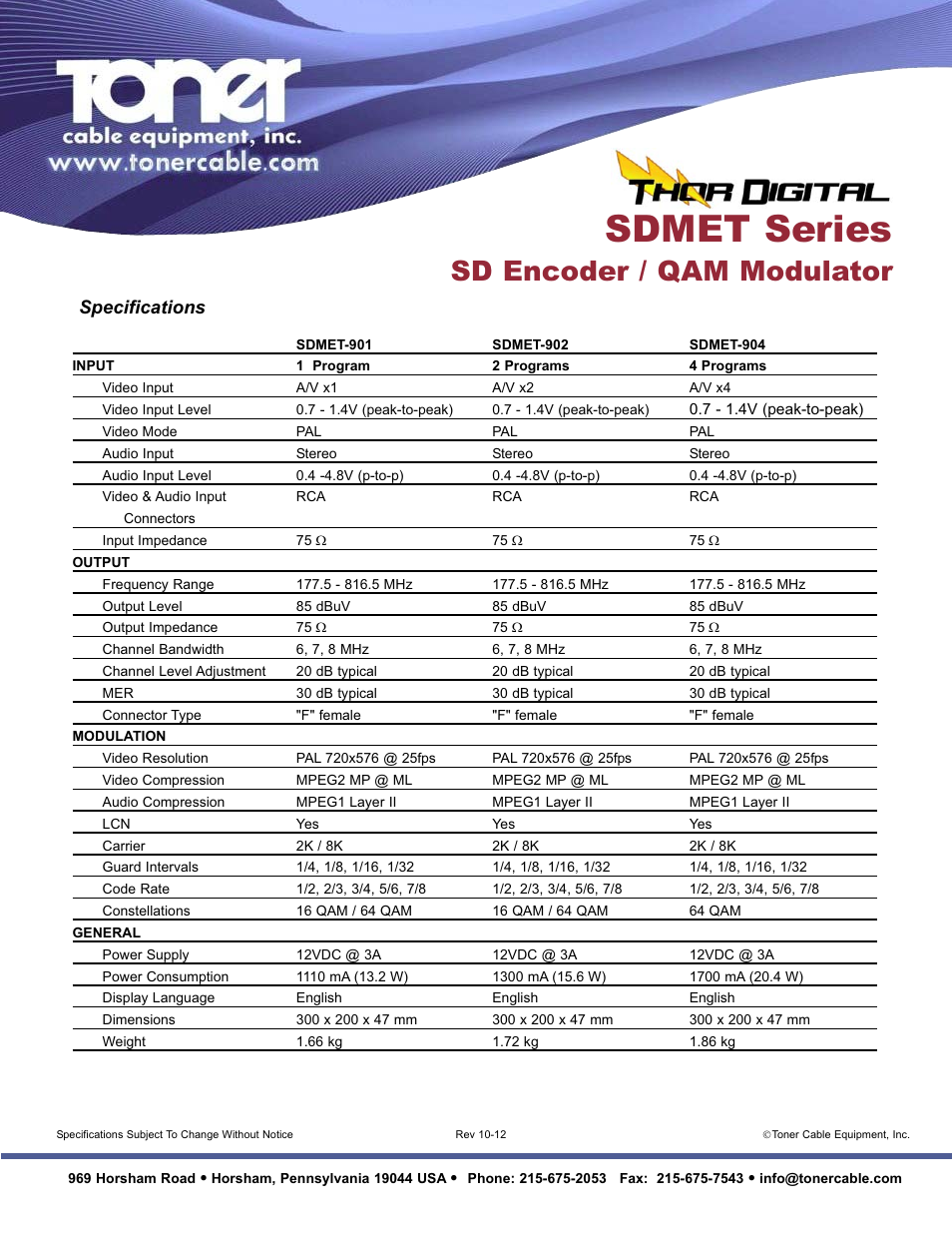 Sdmet series, Sd encoder / qam modulator, Specifications | Toner Cable SDMET Series Encoder _ COFDM Modulators User Manual | Page 2 / 2
