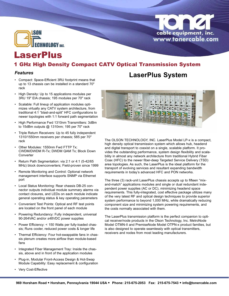 Toner Cable LaserPlus 1GHz High Density CATV Optical Transmission System User Manual | 4 pages