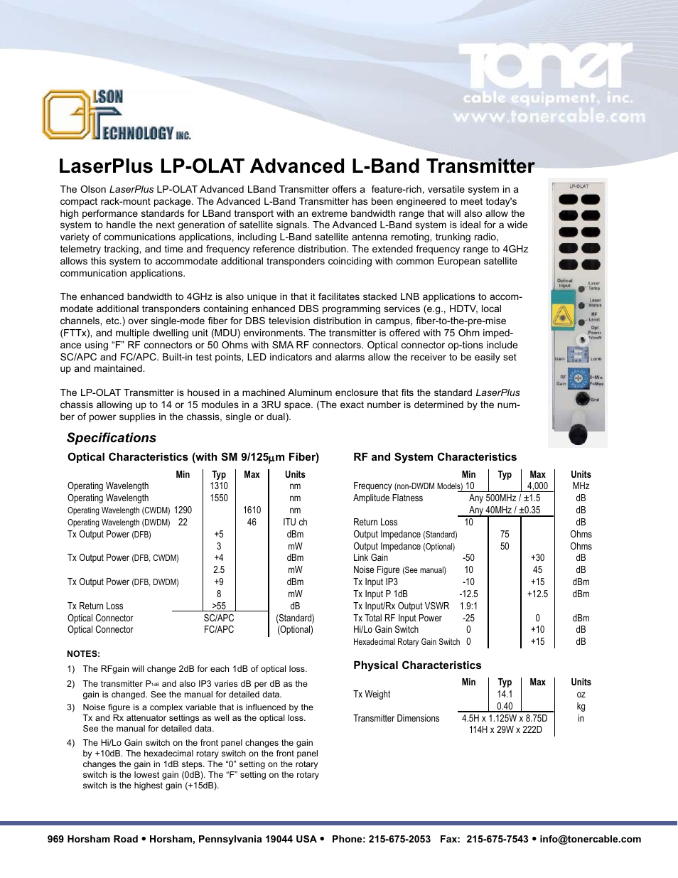 Laserplus lp-olat advanced l-band transmitter, Specifications | Toner Cable LaserPlus 1GHz High Density CATV Optical Transmission System User Manual | Page 2 / 4