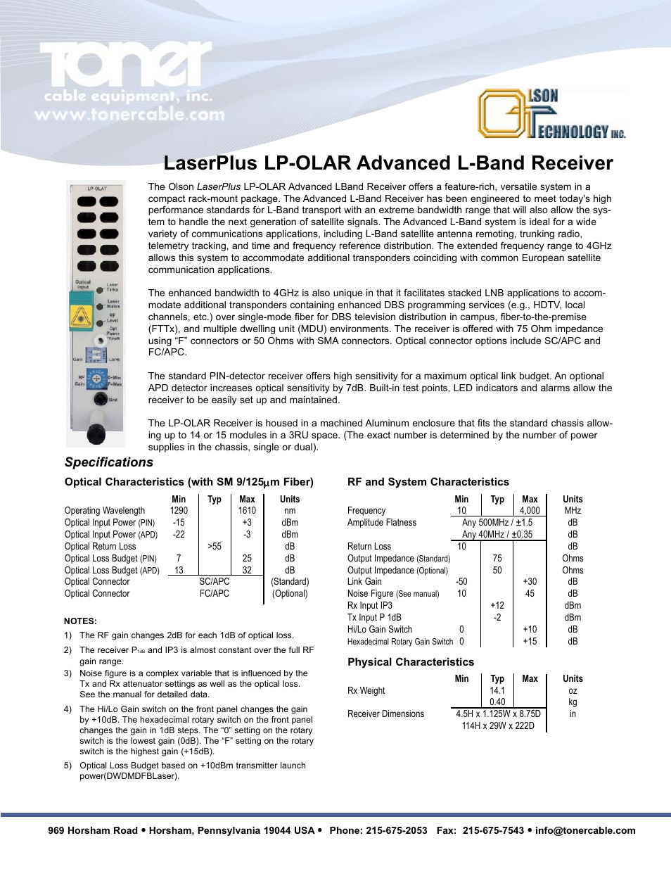 Laserplus lp-olar advanced l-band receiver, Specifications | Toner Cable LaserPlus 1GHz High Density CATV Optical Transmission System User Manual | Page 3 / 4