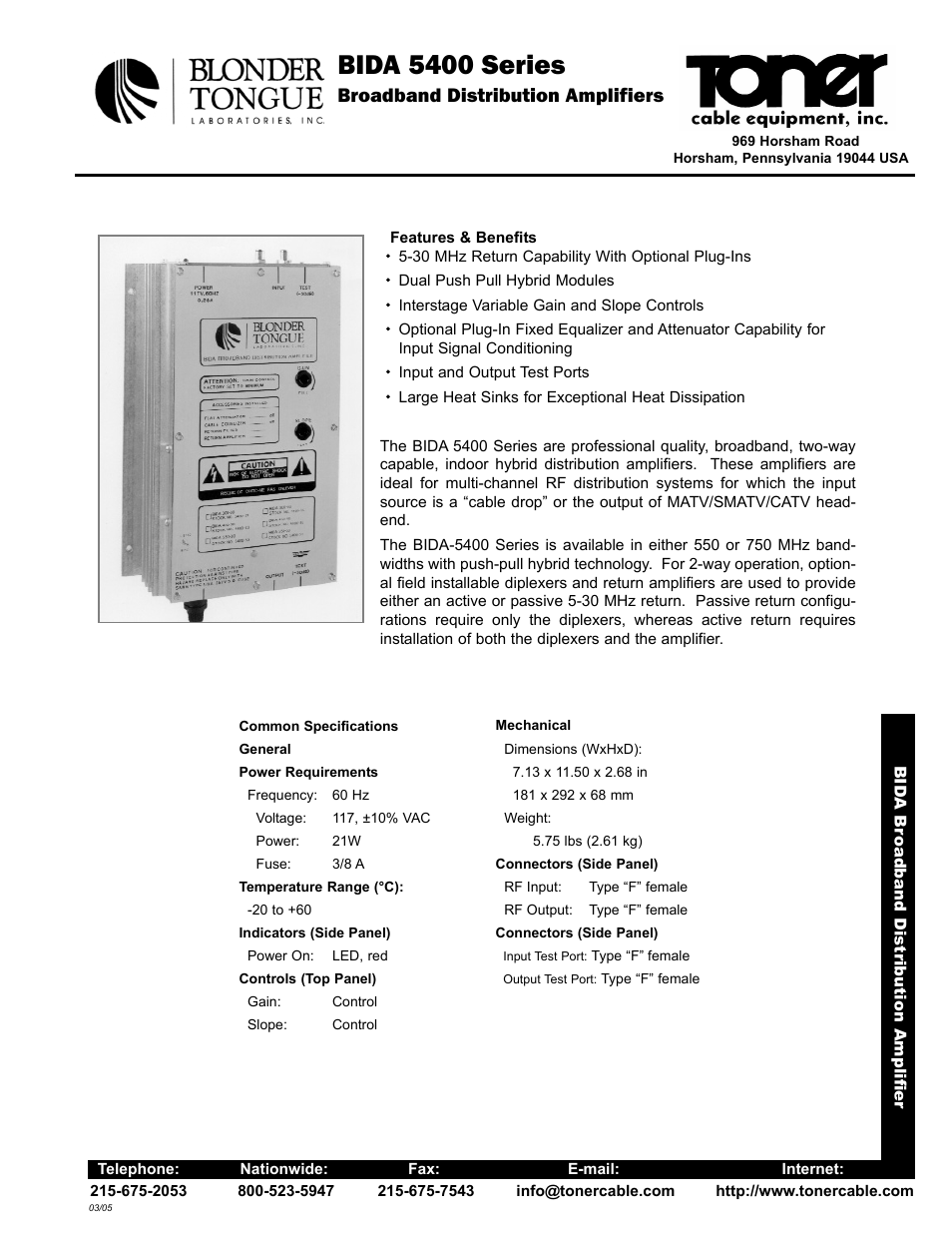 Toner Cable BIDA Series Broadband Distribution Amplifiers User Manual | 4 pages