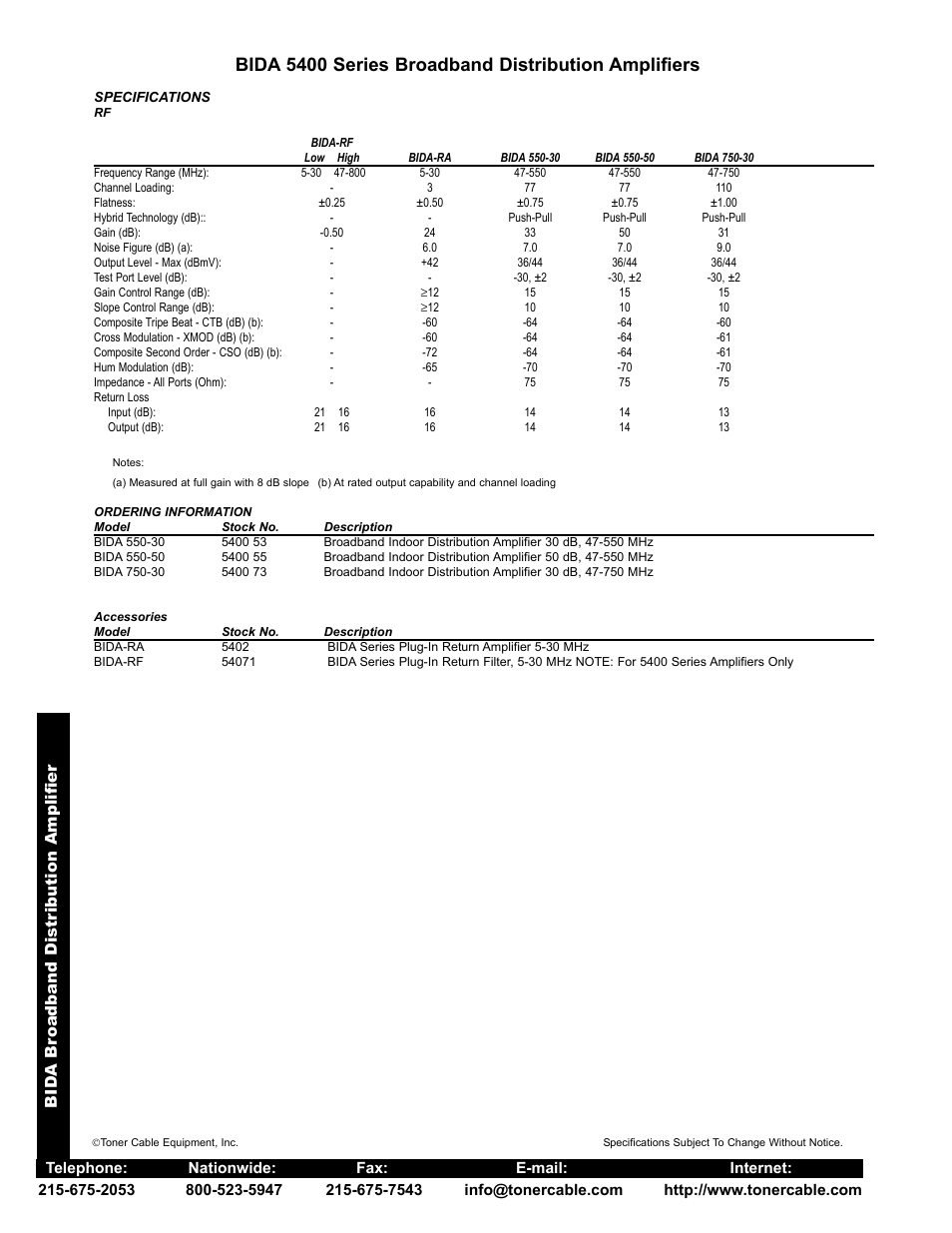 Bida 5400 series broadband distribution amplifiers, Bid a br oadband distribution amplifier | Toner Cable BIDA Series Broadband Distribution Amplifiers User Manual | Page 2 / 4