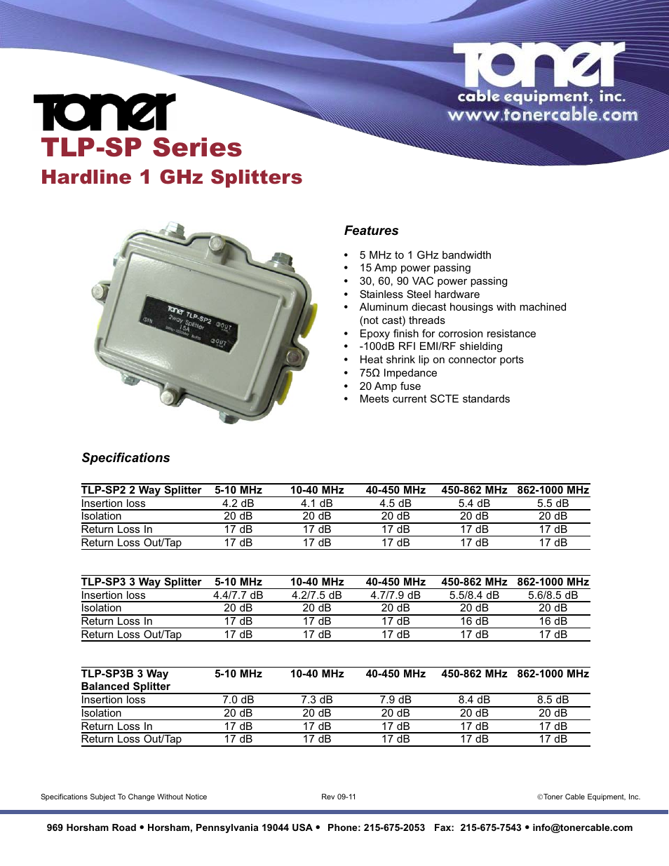 Toner Cable TLP-SP Series Hardline 1 GHz Splitters User Manual | 1 page