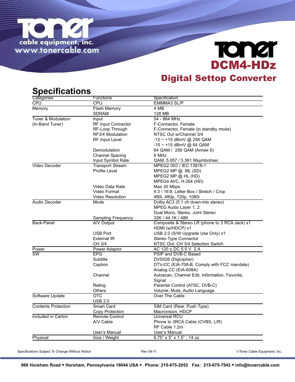 Dcm4-hdz, Digital settop converter specifications | Toner Cable DCM4-HDZ Digital Settop Converter User Manual | Page 2 / 2