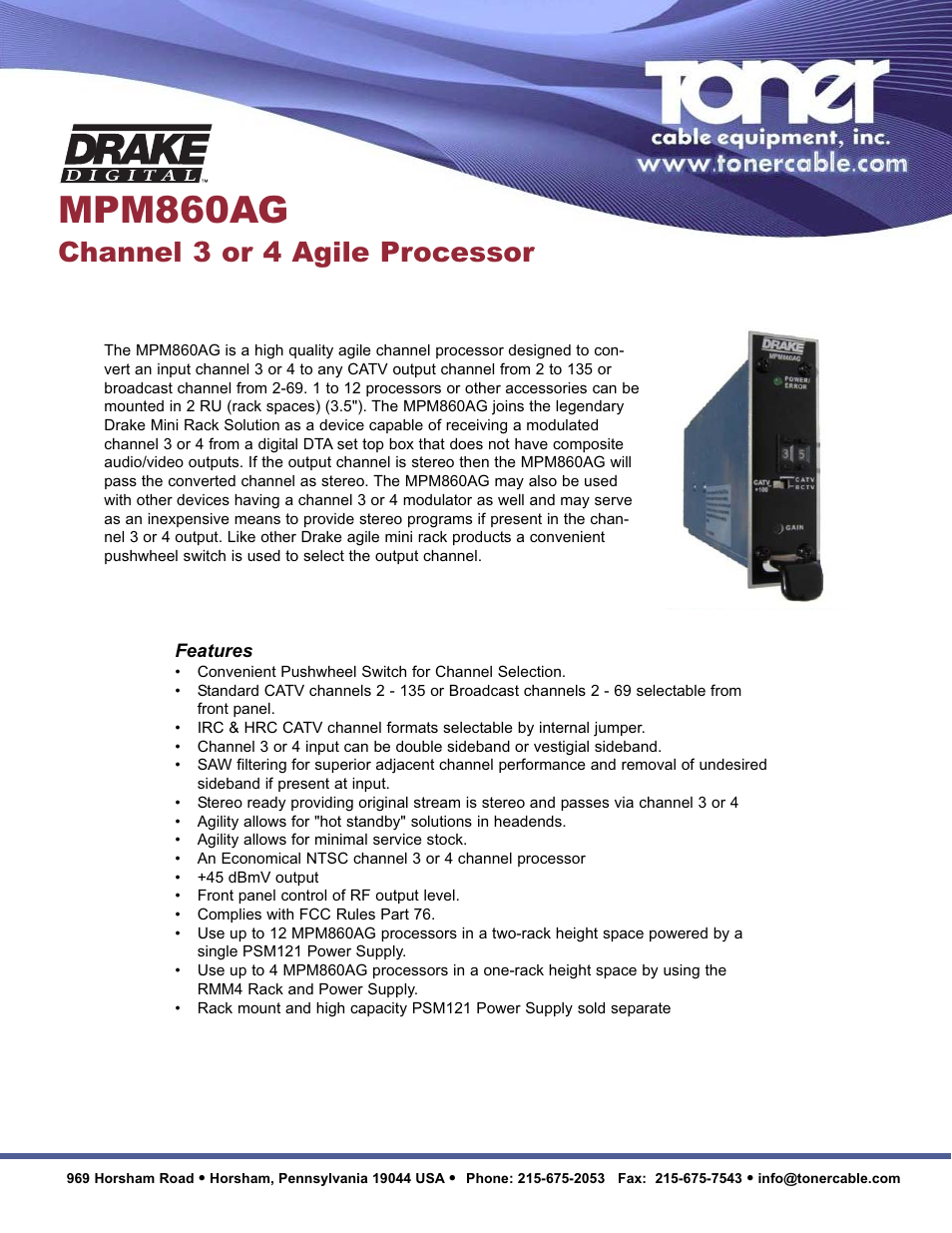 Toner Cable MPM860AG Channel 3 or 4 Agile Processor User Manual | 2 pages