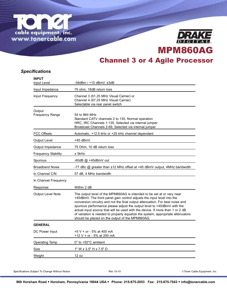 Mpm860ag, Channel 3 or 4 agile processor, Specifications | Toner Cable MPM860AG Channel 3 or 4 Agile Processor User Manual | Page 2 / 2