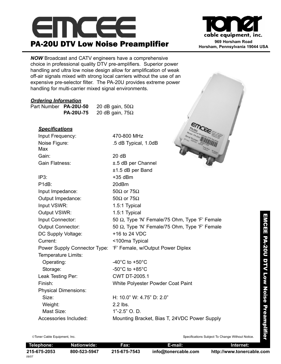Toner Cable PA-20U DTV Low Noise Preamplifier User Manual | 1 page