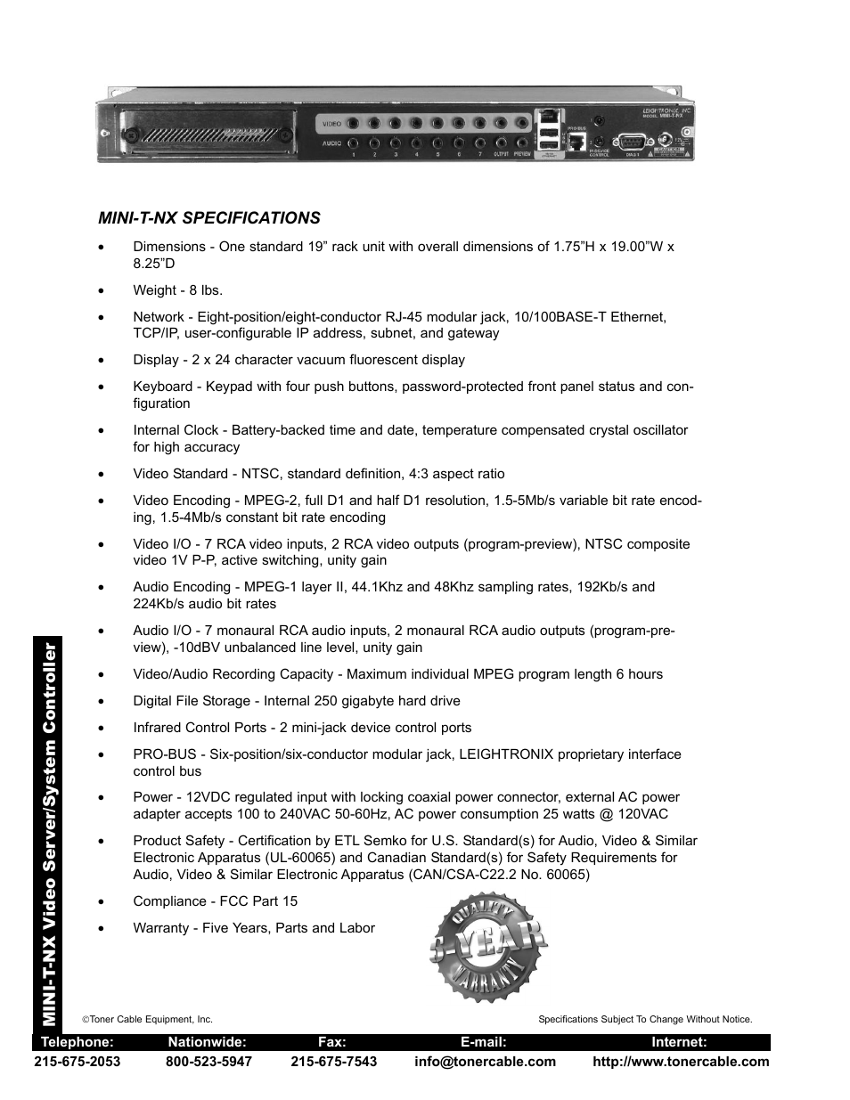 Toner Cable MINI-T-NX Video Server_System Control User Manual | Page 2 / 2