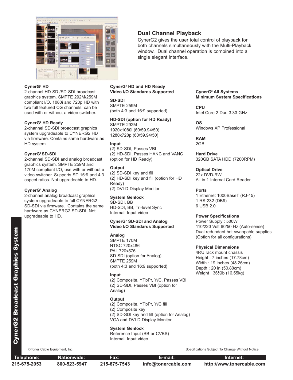 Cynerg2 br oadcast gr a phics system, Dual channel playback | Toner Cable CynerG2 Dual Program Digital SD or HD Character Generator User Manual | Page 2 / 2