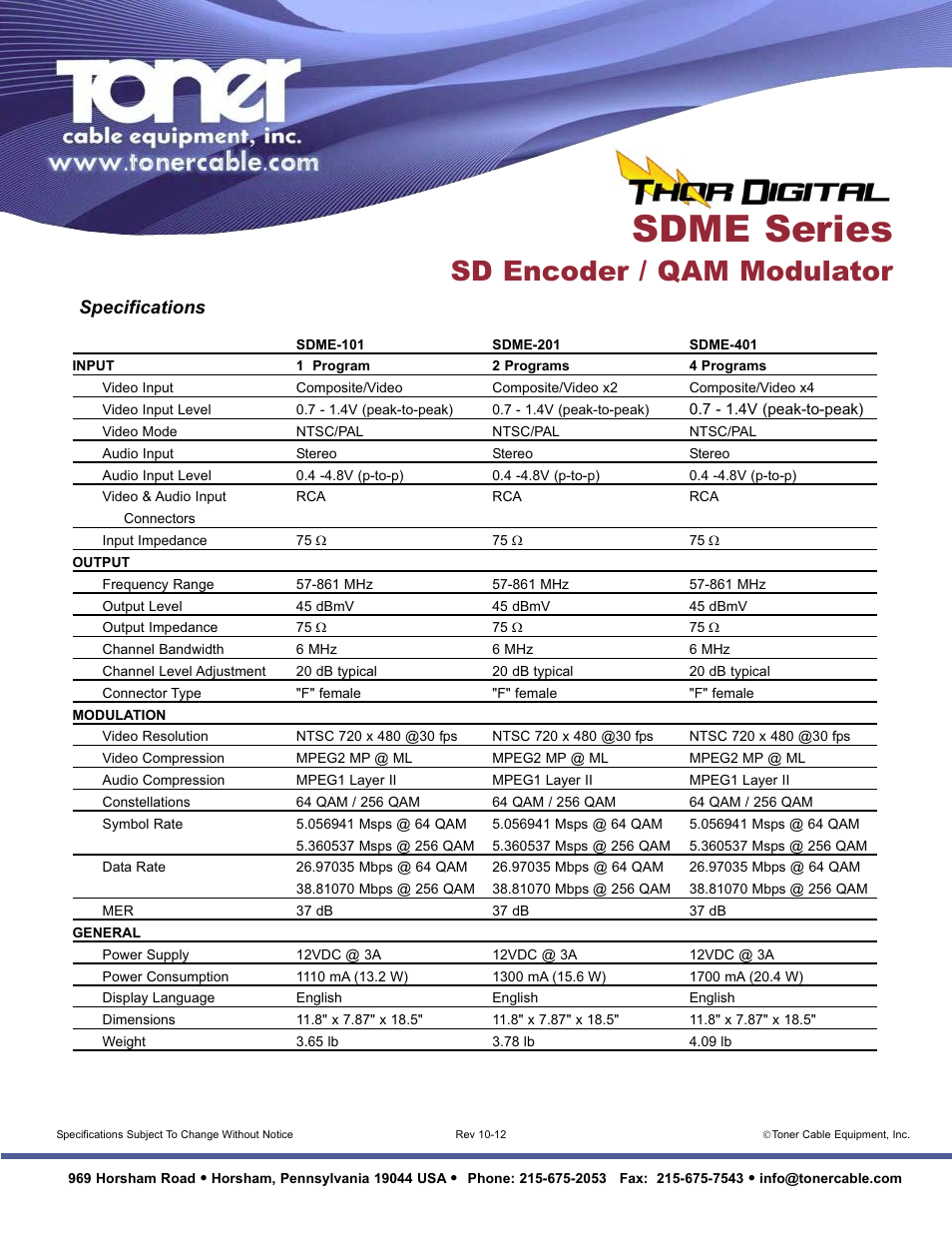 Sdme series, Sd encoder / qam modulator, Specifications | Toner Cable SDME Series SD Encoder _ QAM Modulator User Manual | Page 2 / 2