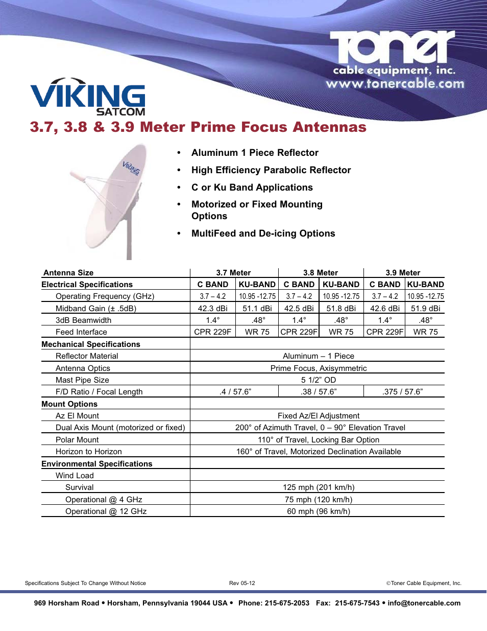 Toner Cable 3.9 Meter Prime Focus Antenna with High Efficiency Parabolic Reflector User Manual | 1 page