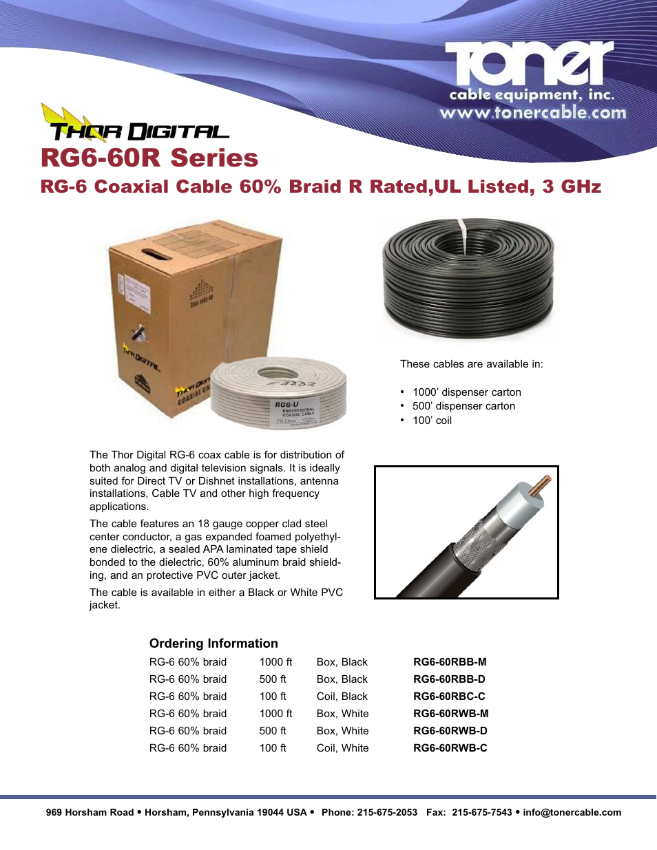 Toner Cable RG6-60R Series RG-6 Coaxial Cable 60% Braid R Rated,UL Listed, 3 GHz User Manual | 2 pages