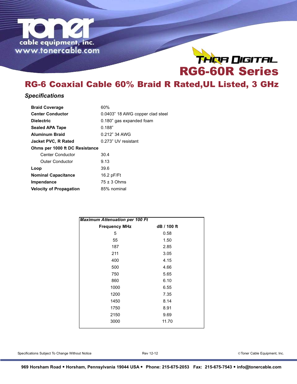 Rg6-60r series, Specifications | Toner Cable RG6-60R Series RG-6 Coaxial Cable 60% Braid R Rated,UL Listed, 3 GHz User Manual | Page 2 / 2