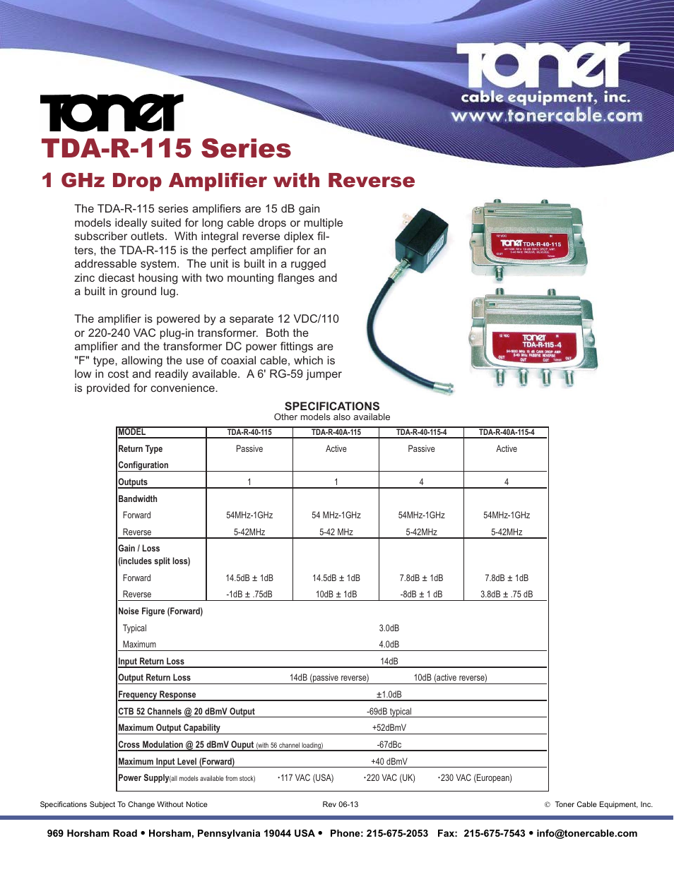 Toner Cable TDA-R-40-115 1 GHz Drop Amplifier User Manual | 1 page